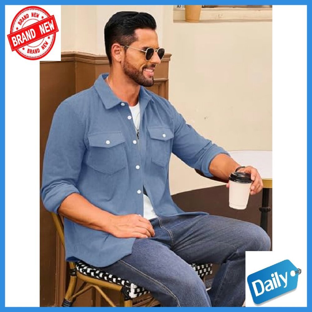 Men's Corduroy Shacket Button Down Long Sleeve Lightweight Overshirt - Picture 4 of 8